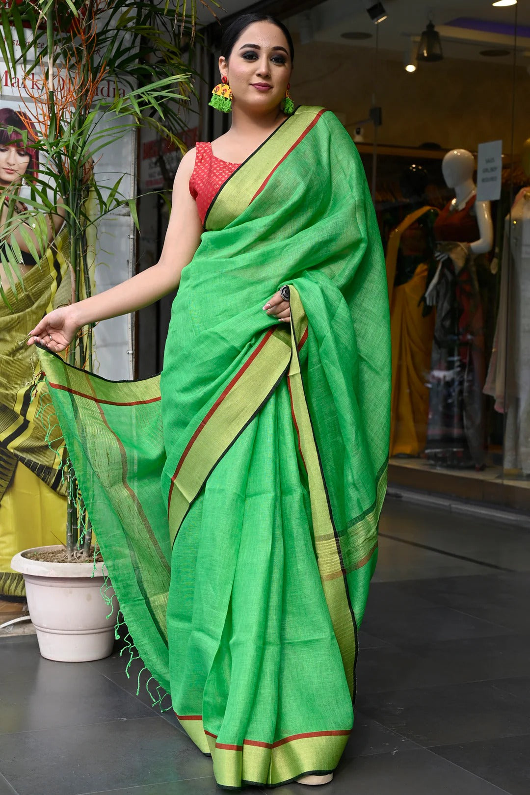 Office Wear Parakeet Green Color linen Handloom Saree