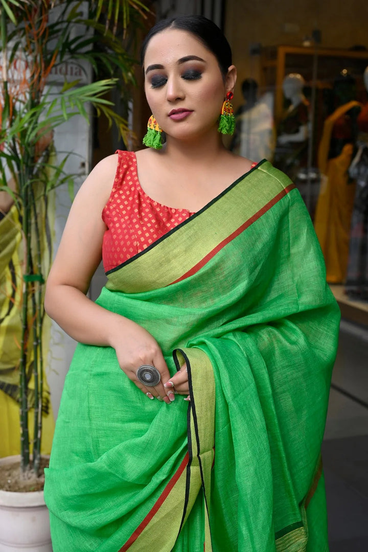 Office Wear Parakeet Green Color linen Handloom Saree