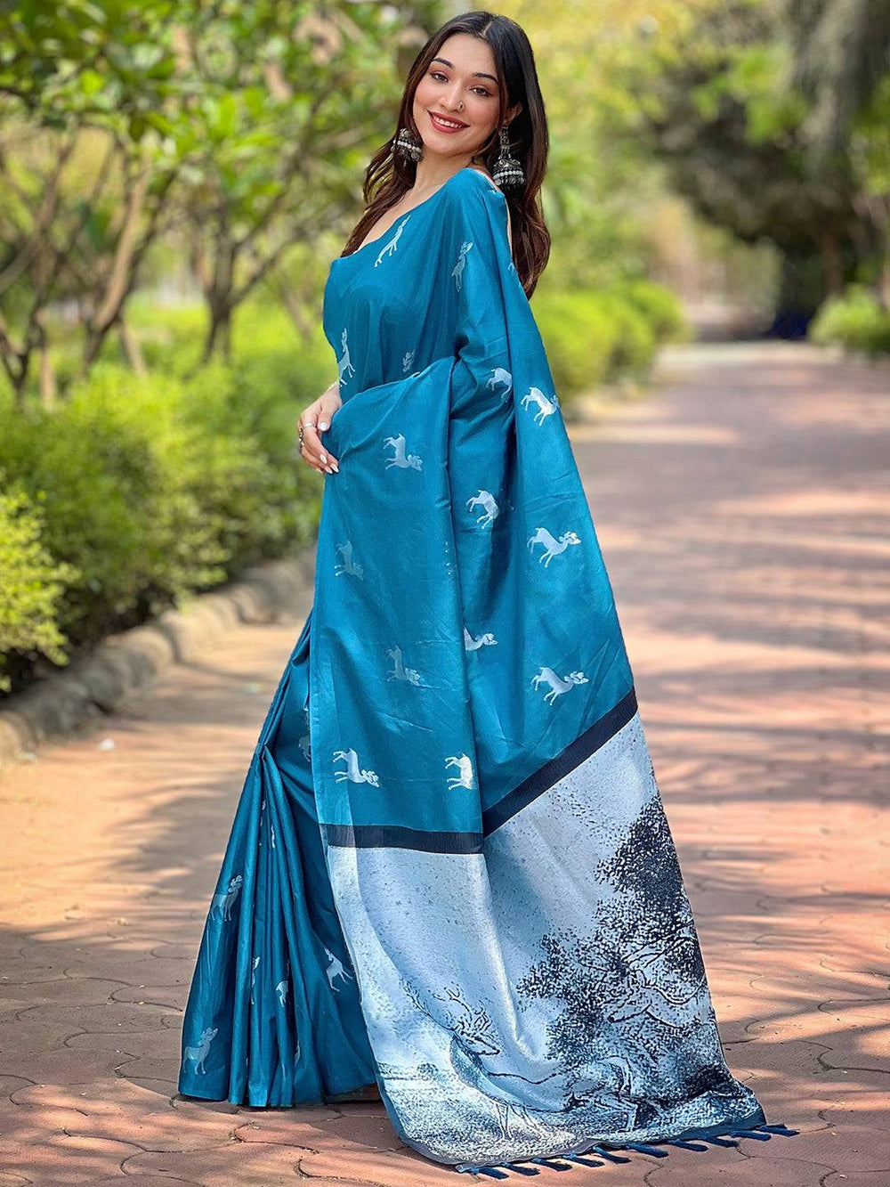 Office Wear Rama Color Banarasi Soft Silk Saree