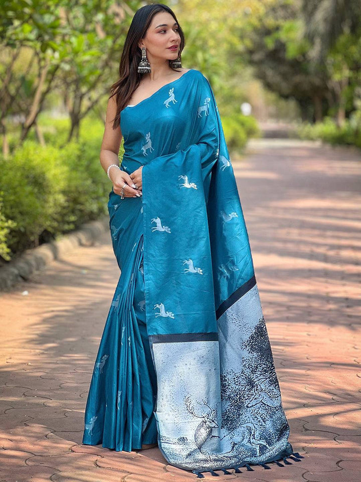 Office Wear Rama Color Banarasi Soft Silk Saree