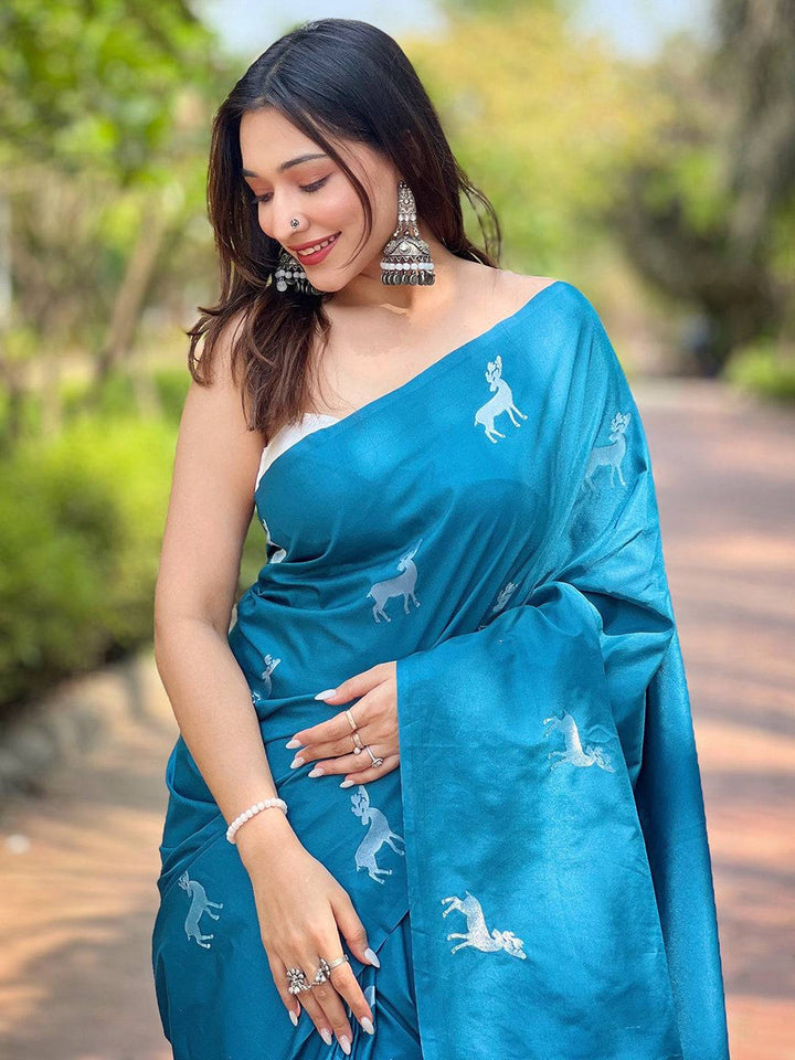 Office Wear Rama Color Banarasi Soft Silk Saree