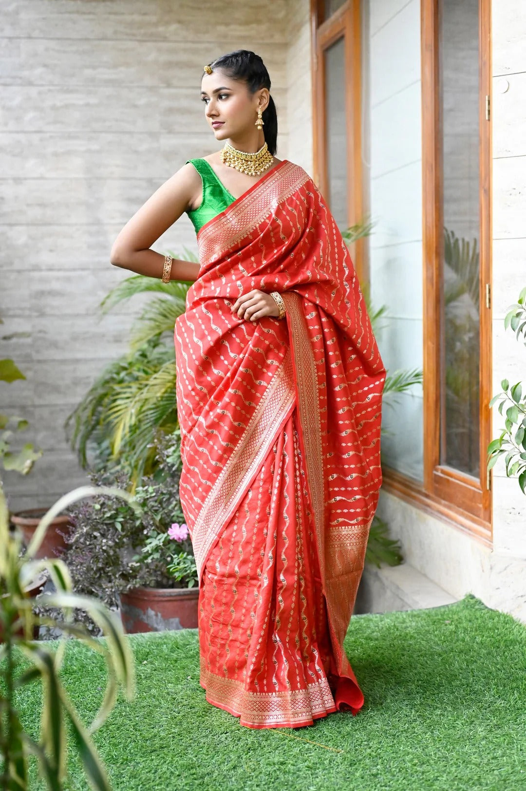Office Wear Red with Light Gold Color Banarasi Silk Saree with Heavy Pallu