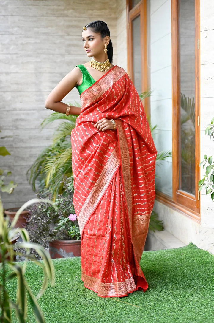 Office Wear Red with Light Gold Color Banarasi Silk Saree with Heavy Pallu