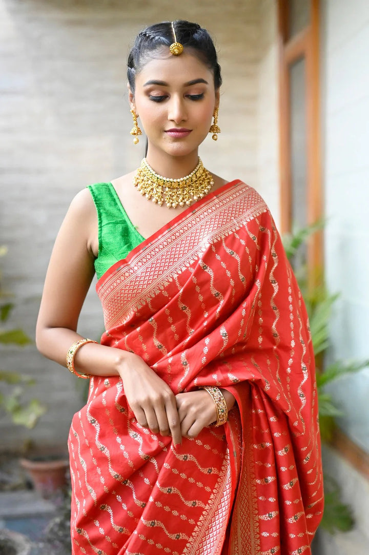 Office Wear Red with Light Gold Color Banarasi Silk Saree with Heavy Pallu