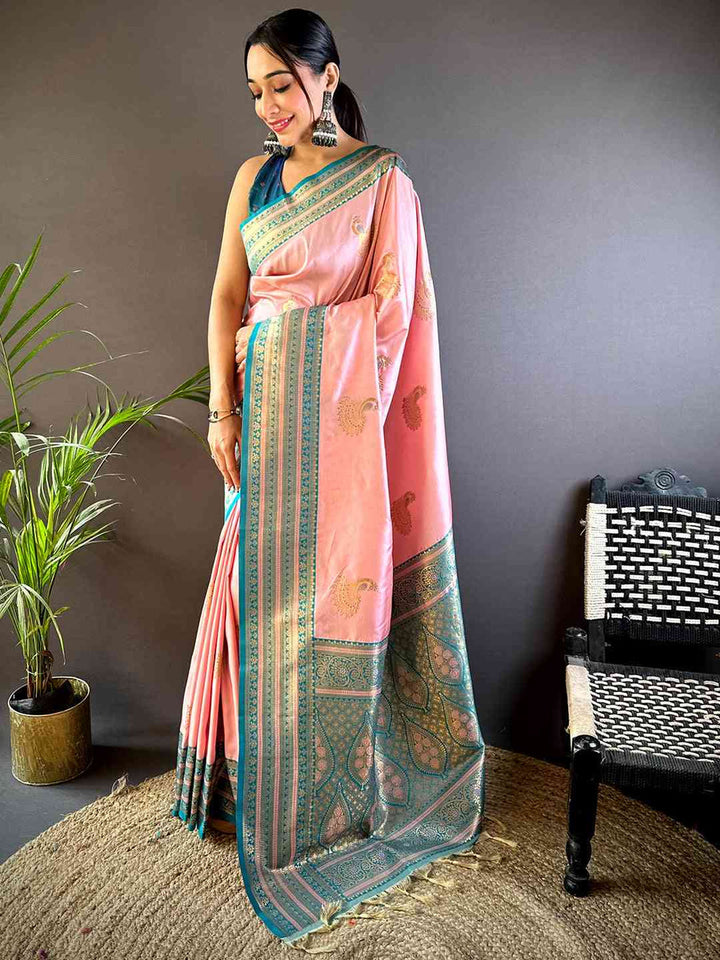 Party Wear Baby Pink Color Soft Silk Kanjivaram Saree