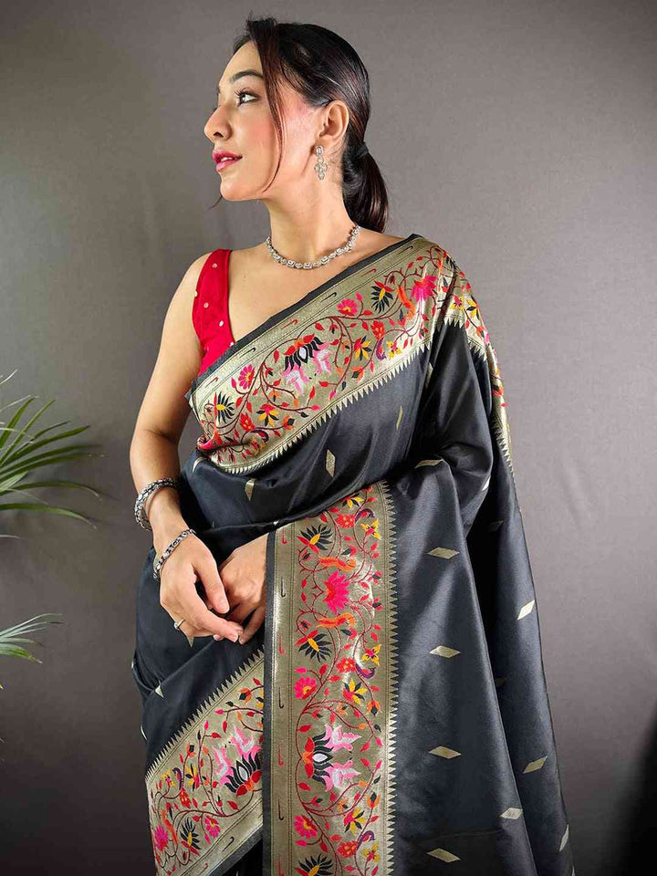 Party Wear Black Color Banarasi Soft Silk Saree
