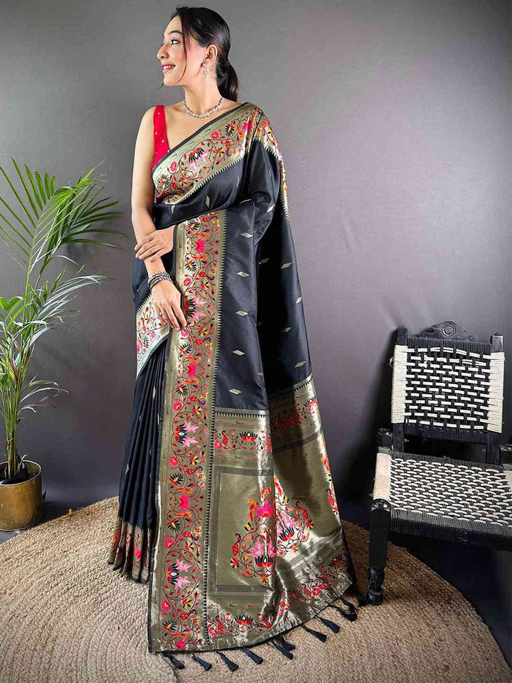Party Wear Black Color Banarasi Soft Silk Saree