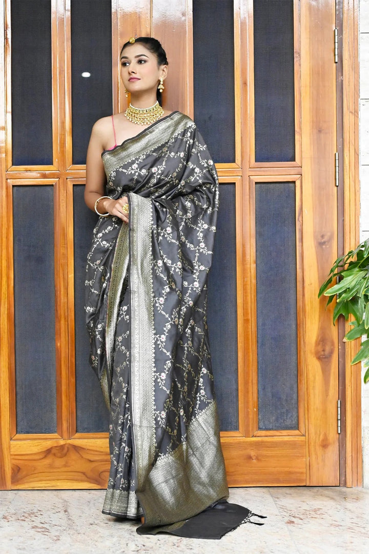 Party Wear Black Color Banarasi Soft Silk Saree with Zari Richenss