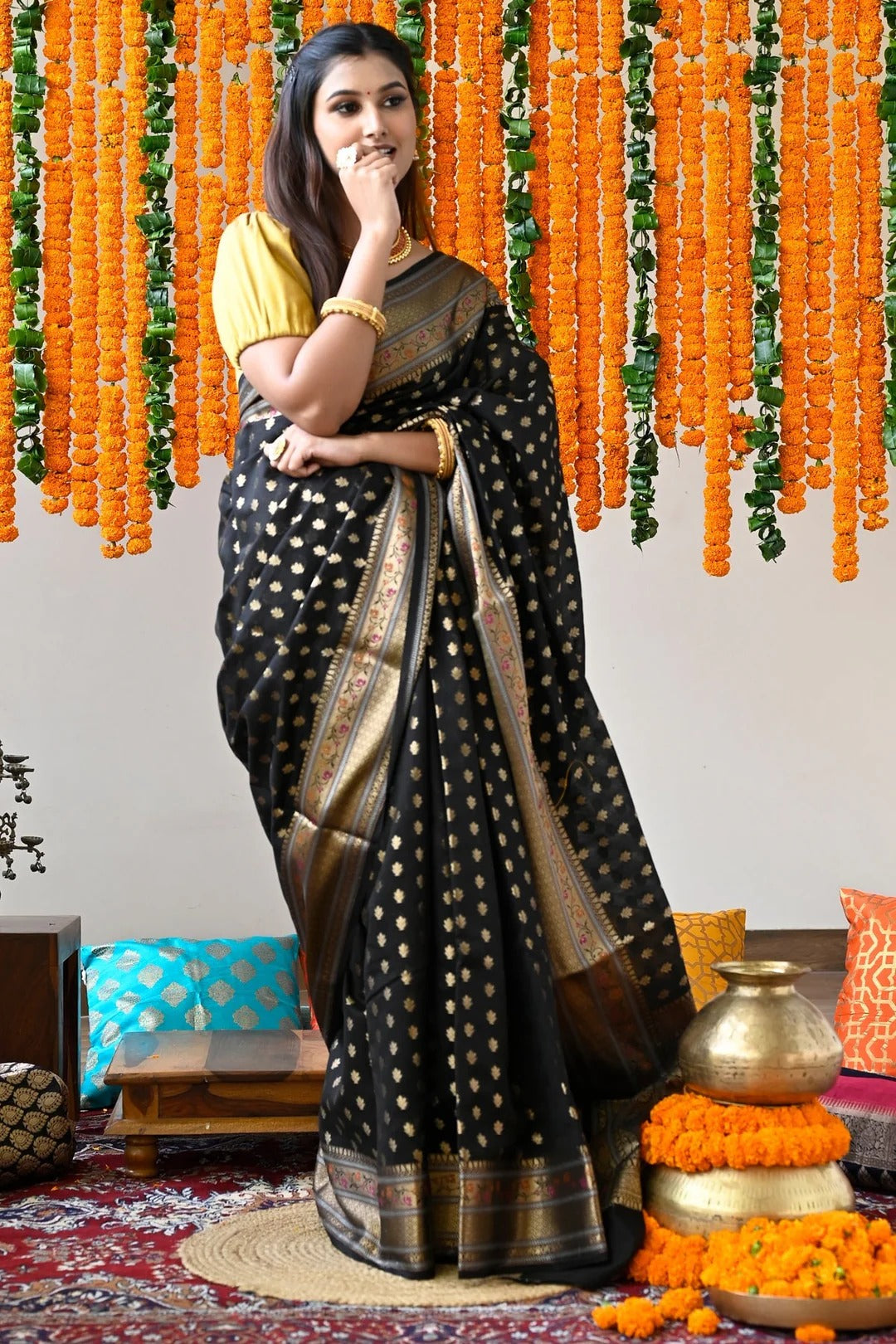 Party Wear Black Color Maheshwari Saree With Zari Pallu And Borders