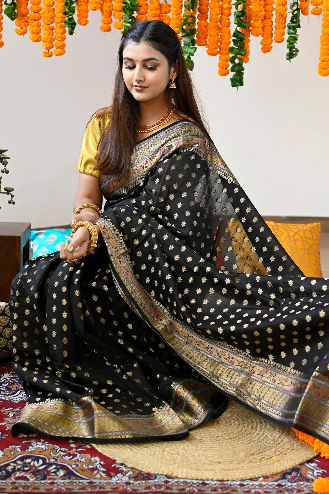 Party Wear Black Color Maheshwari Saree With Zari Pallu And Borders