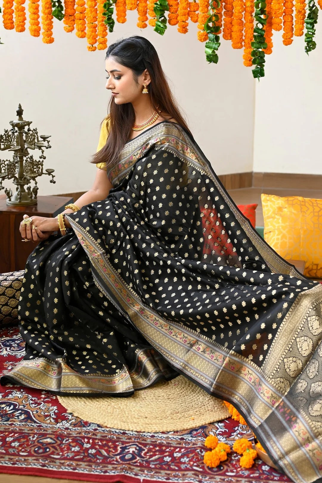 Party Wear Black Color Maheshwari Saree With Zari Pallu And Borders