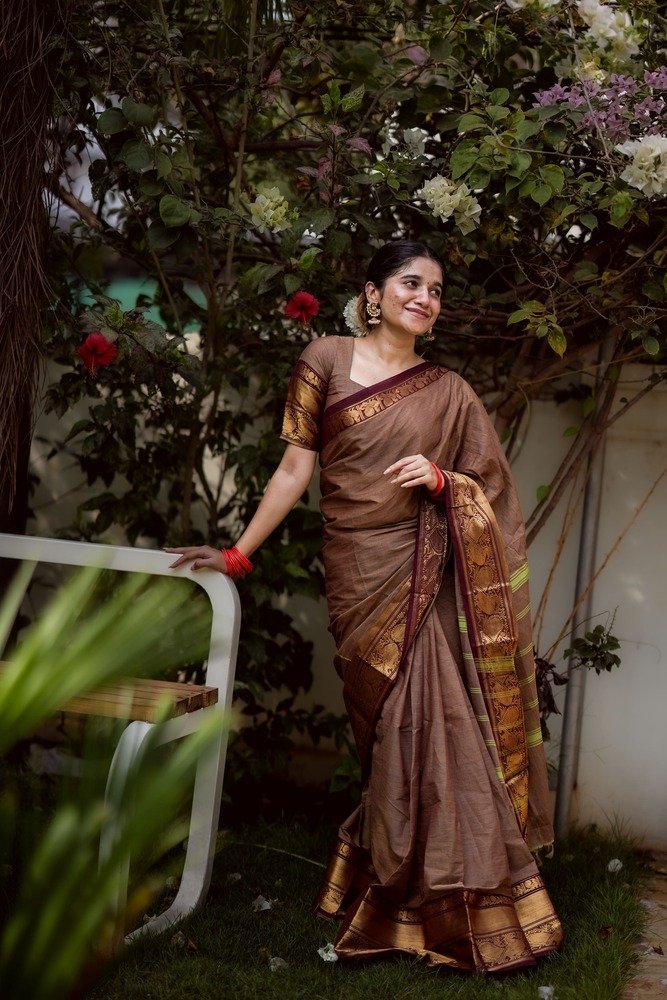 Party Wear Brown Color Cotton Silk Saree