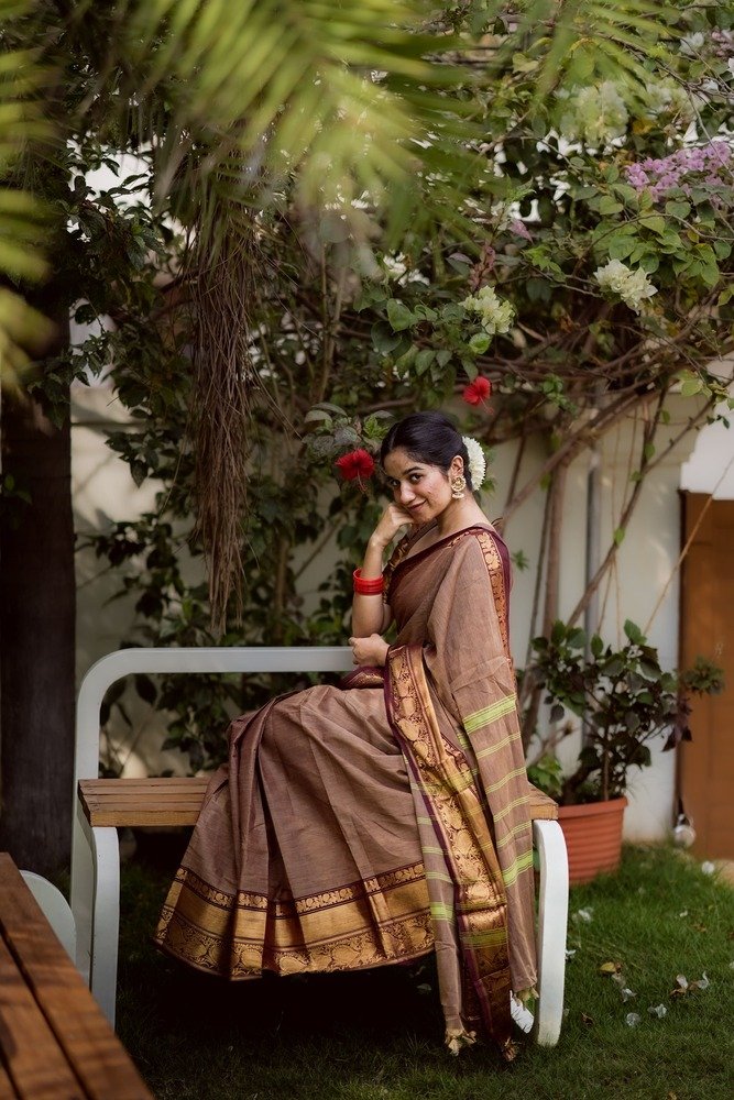 Party Wear Brown Color Cotton Silk Saree