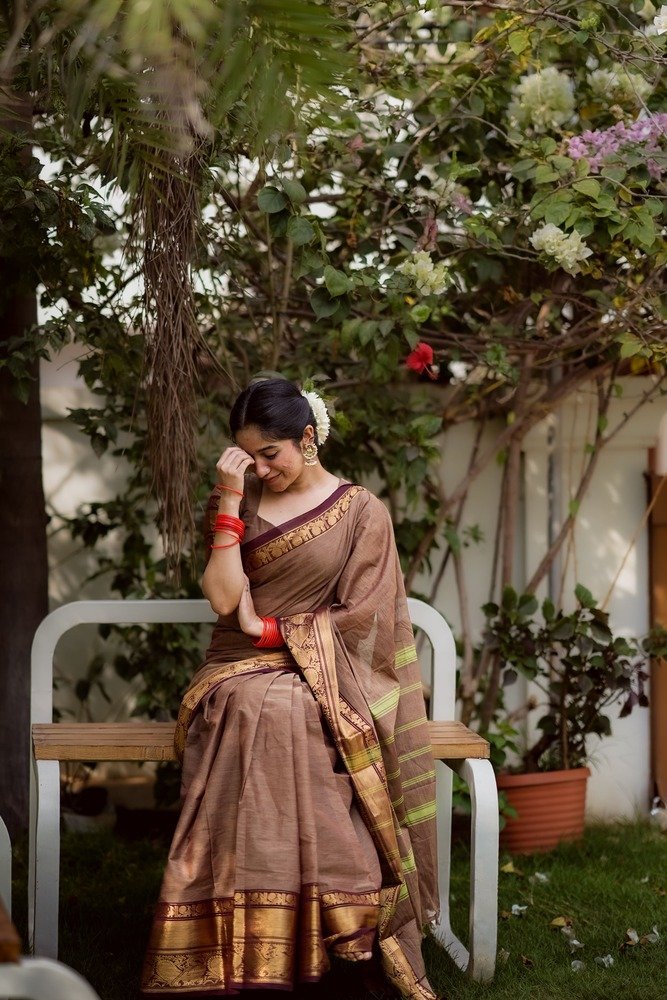 Party Wear Brown Color Cotton Silk Saree