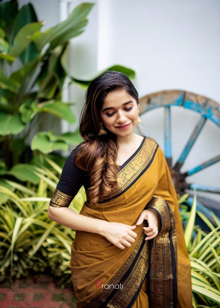 Party Wear Brown Color Cotton Silk Saree