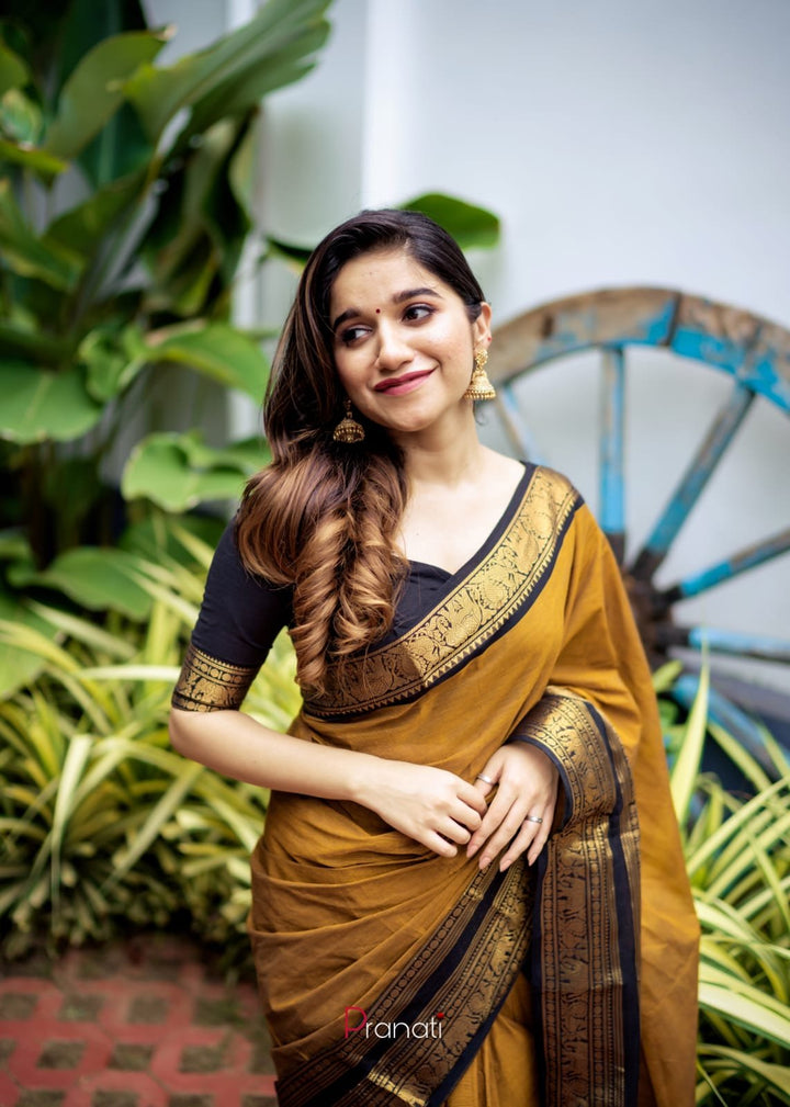 Party Wear Brown Color Cotton Silk Saree