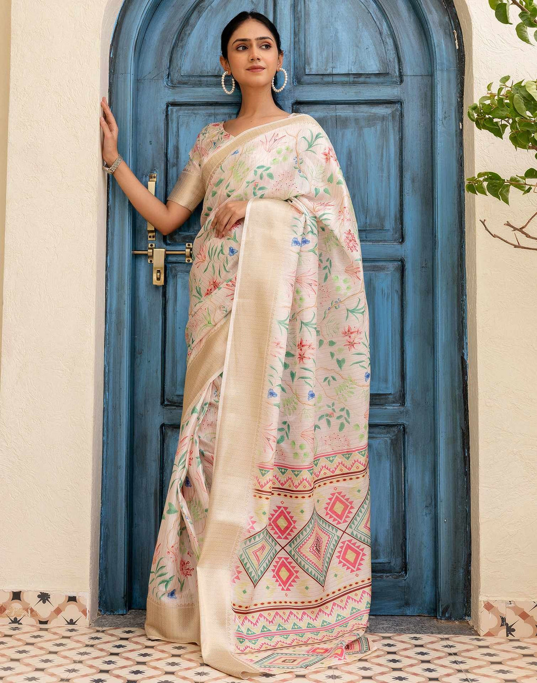 Party Wear Cream Color Banarasi Silk Floral Printed Saree