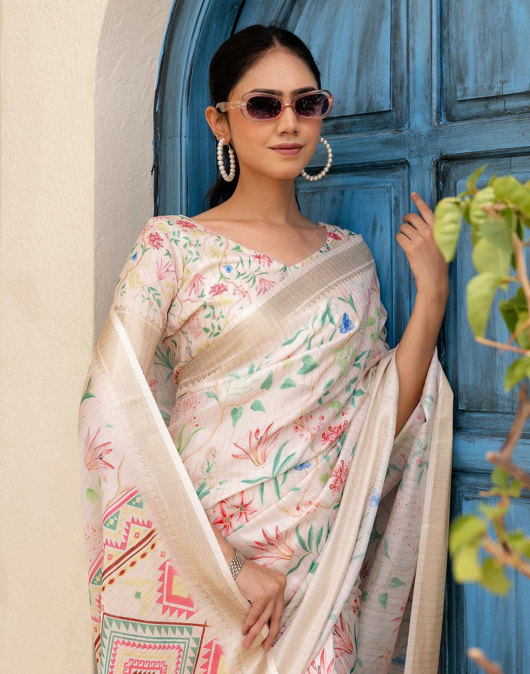 Party Wear Cream Color Banarasi Silk Floral Printed Saree