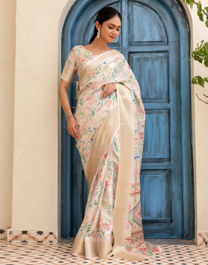 Party Wear Cream Color Banarasi Silk Floral Printed Saree