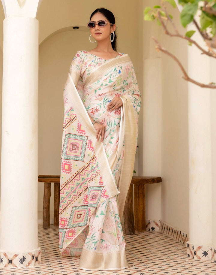 Party Wear Cream Color Banarasi Silk Floral Printed Saree