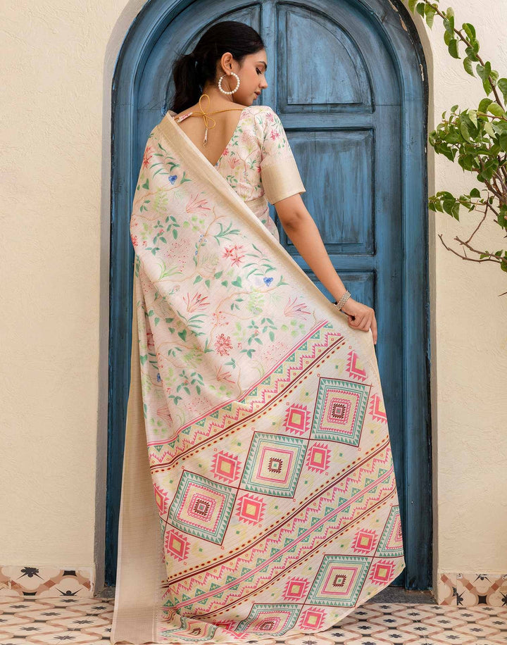 Party Wear Cream Color Banarasi Silk Floral Printed Saree