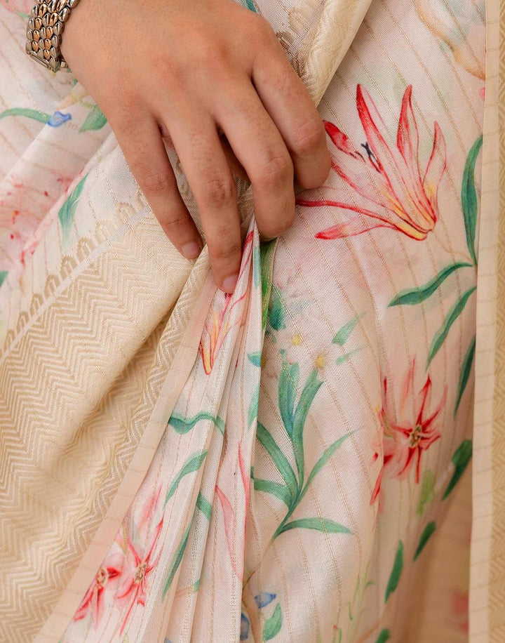 Party Wear Cream Color Banarasi Silk Floral Printed Saree