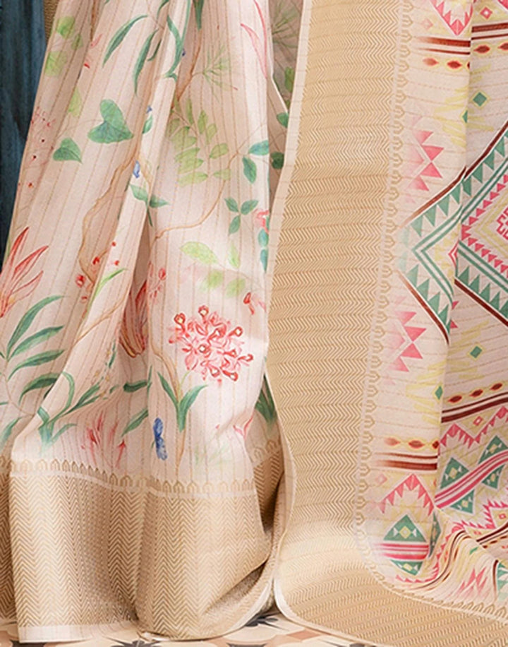 Party Wear Cream Color Banarasi Silk Floral Printed Saree