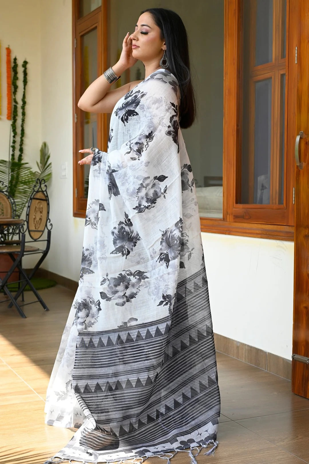 Party Wear Cream With Black Linen Saree with Digital Floral Print