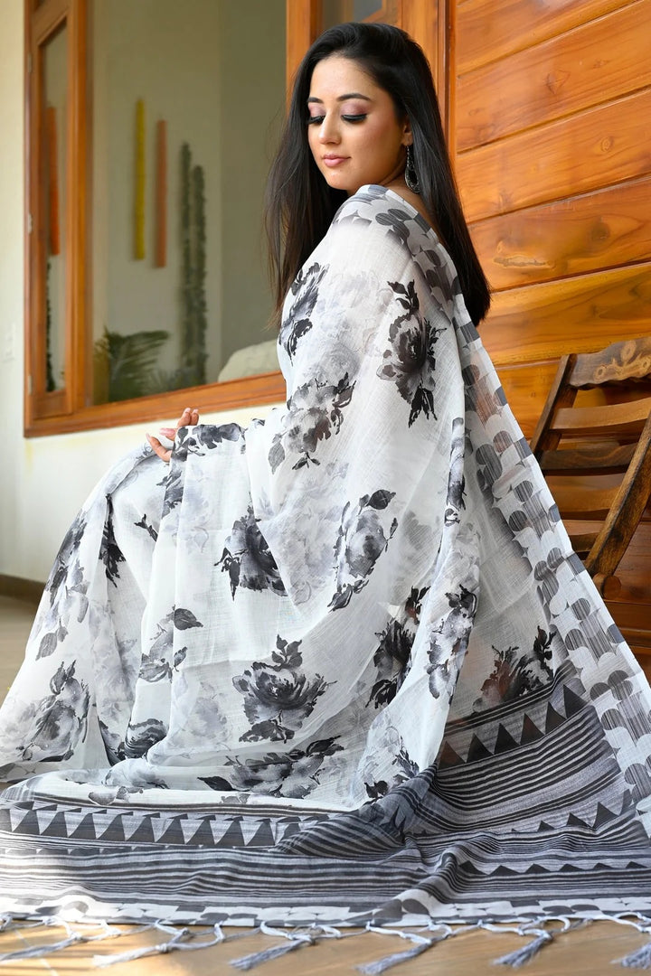 Party Wear Cream With Black Linen Saree with Digital Floral Print
