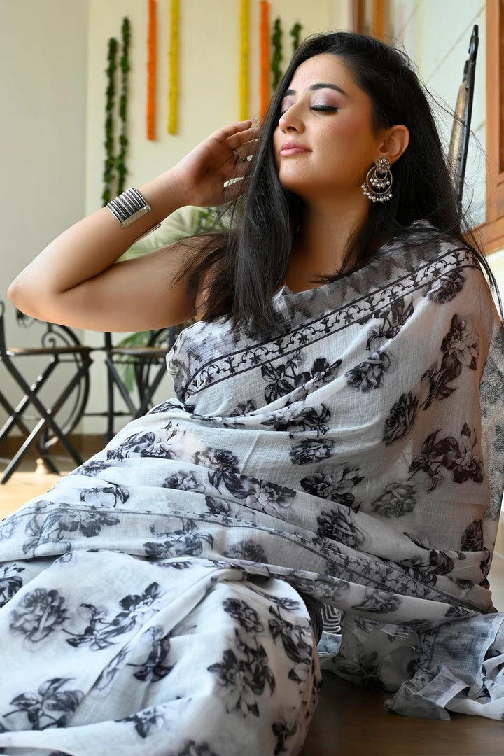 Party Wear Cream With Black Linen Saree with Digital Floral Print