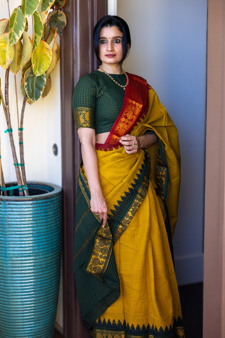 Party Wear Dark Green And Mustard Color Cotton Silk Saree