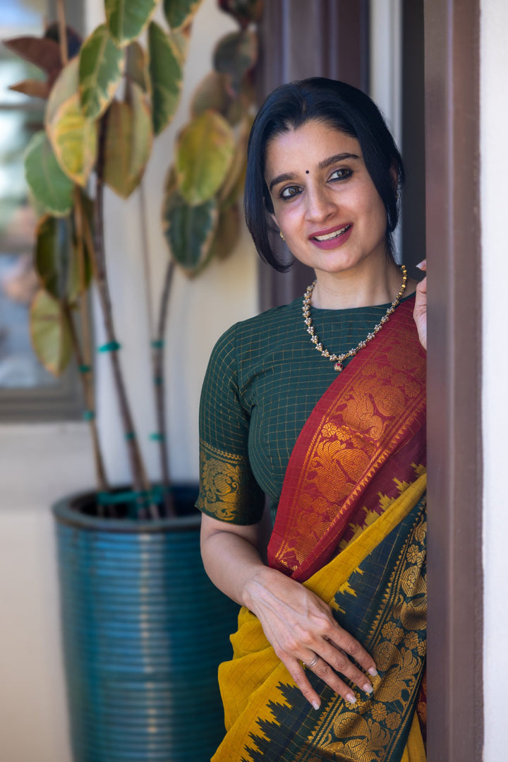 Party Wear Dark Green And Mustard Color Cotton Silk Saree