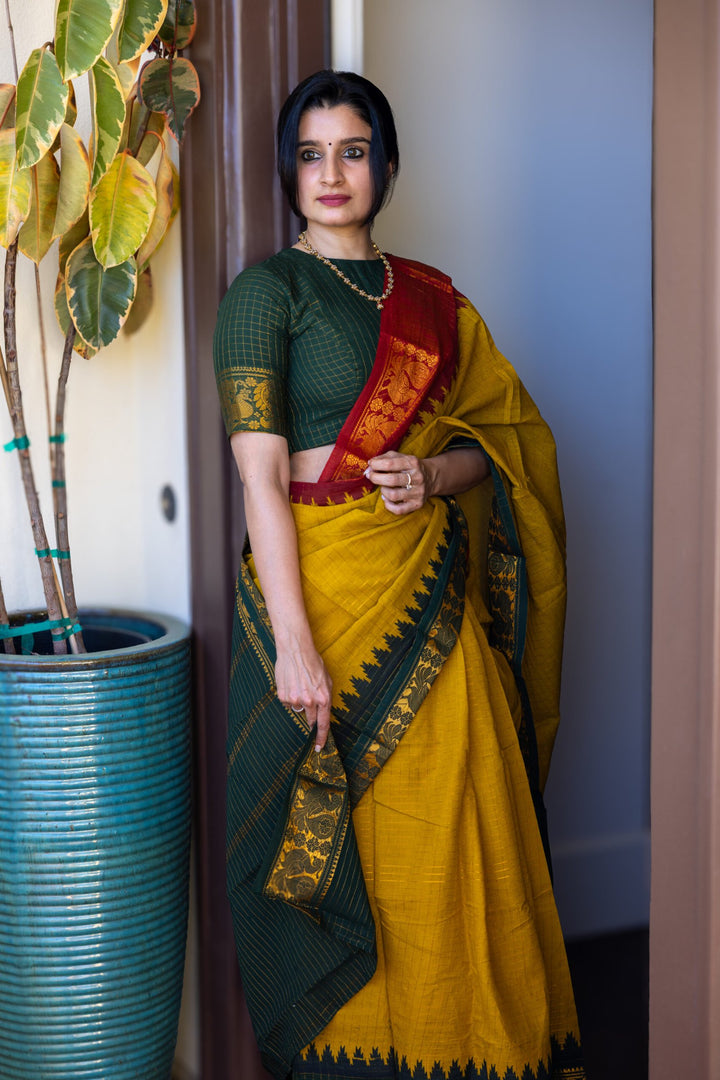 Party Wear Dark Green And Mustard Color Cotton Silk Saree