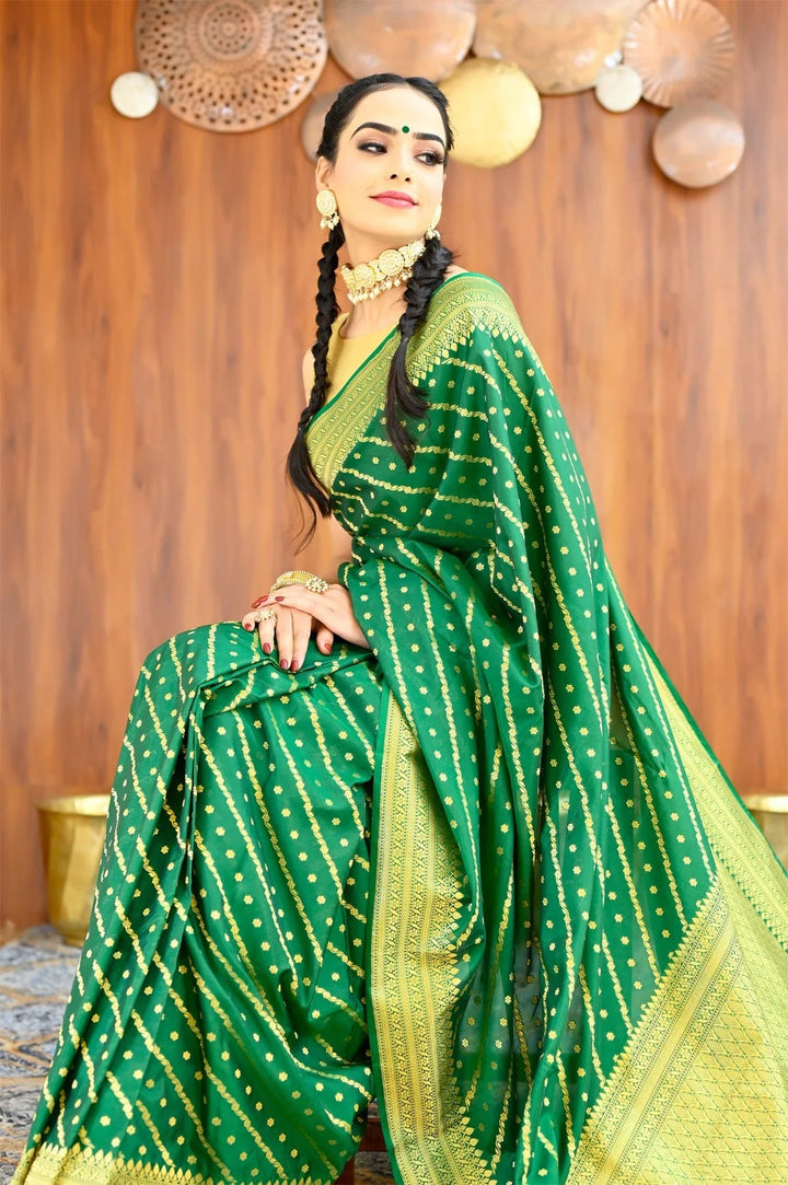 Party Wear Green Color Banarasi Silk Saree with Golden Zari Border