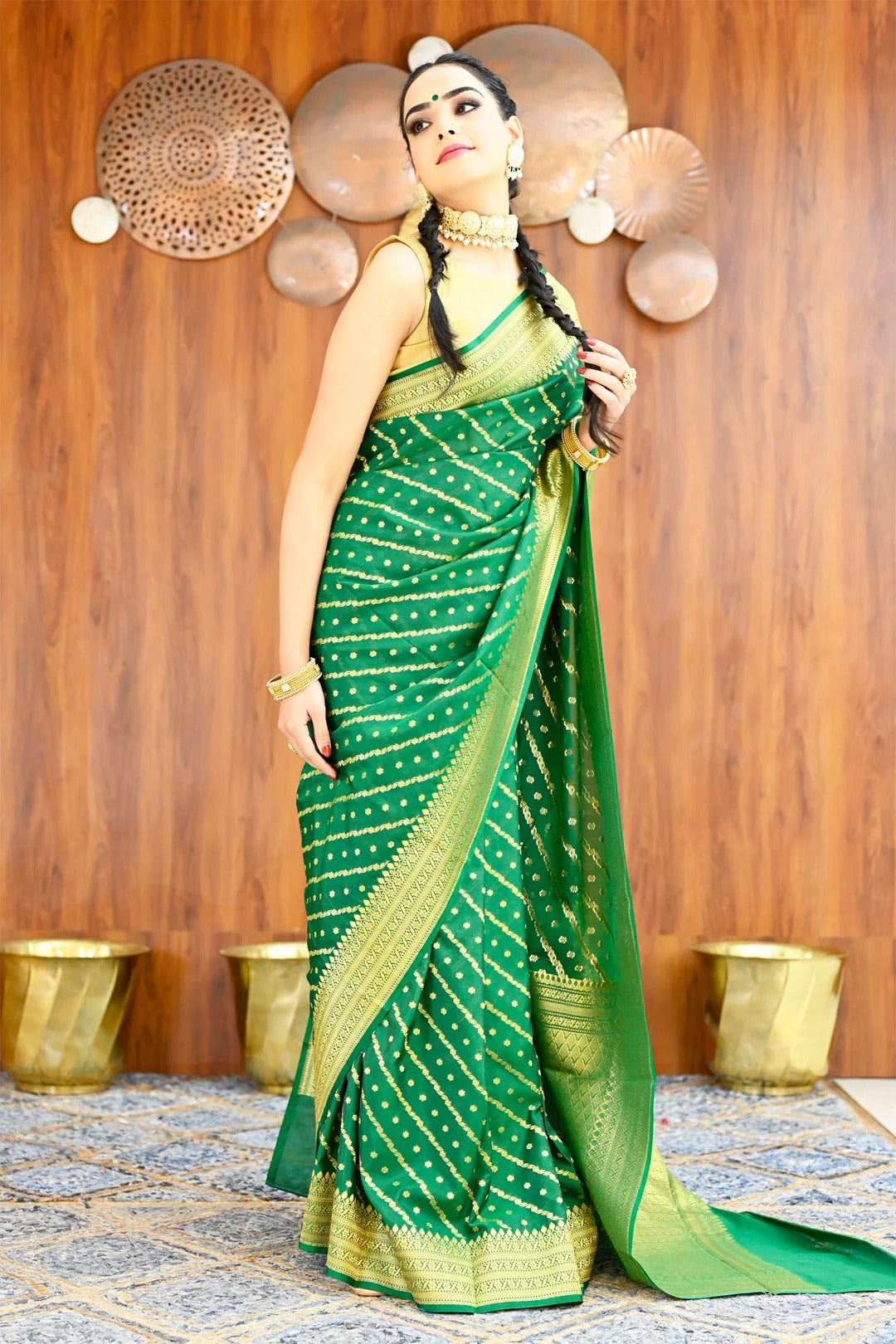 Party Wear Green Color Banarasi Silk Saree with Golden Zari Border