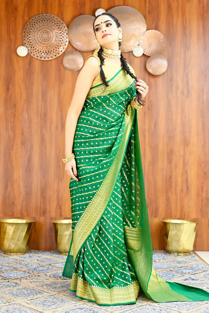Party Wear Green Color Banarasi Silk Saree with Golden Zari Border