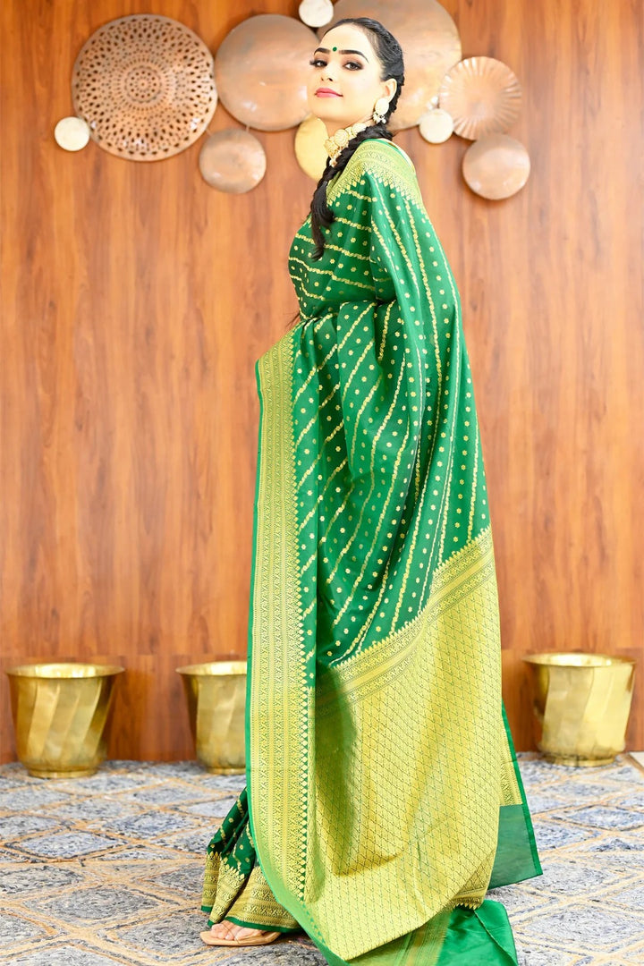 Party Wear Green Color Banarasi Silk Saree with Golden Zari Border