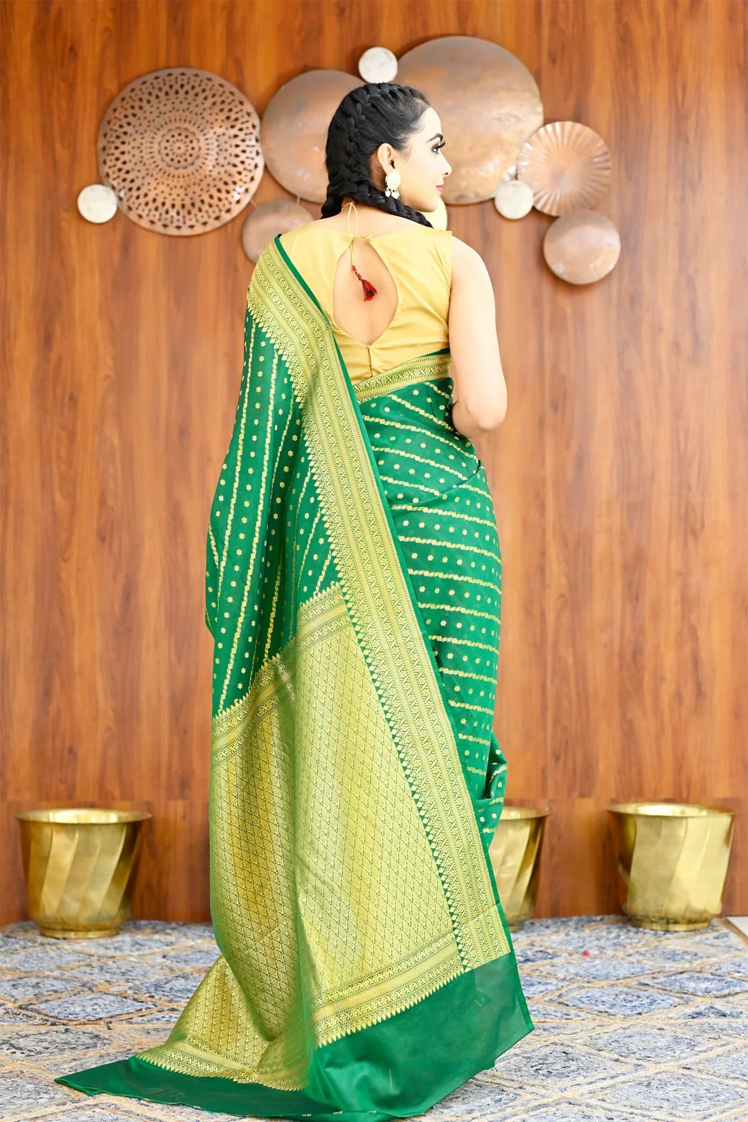 Party Wear Green Color Banarasi Silk Saree with Golden Zari Border