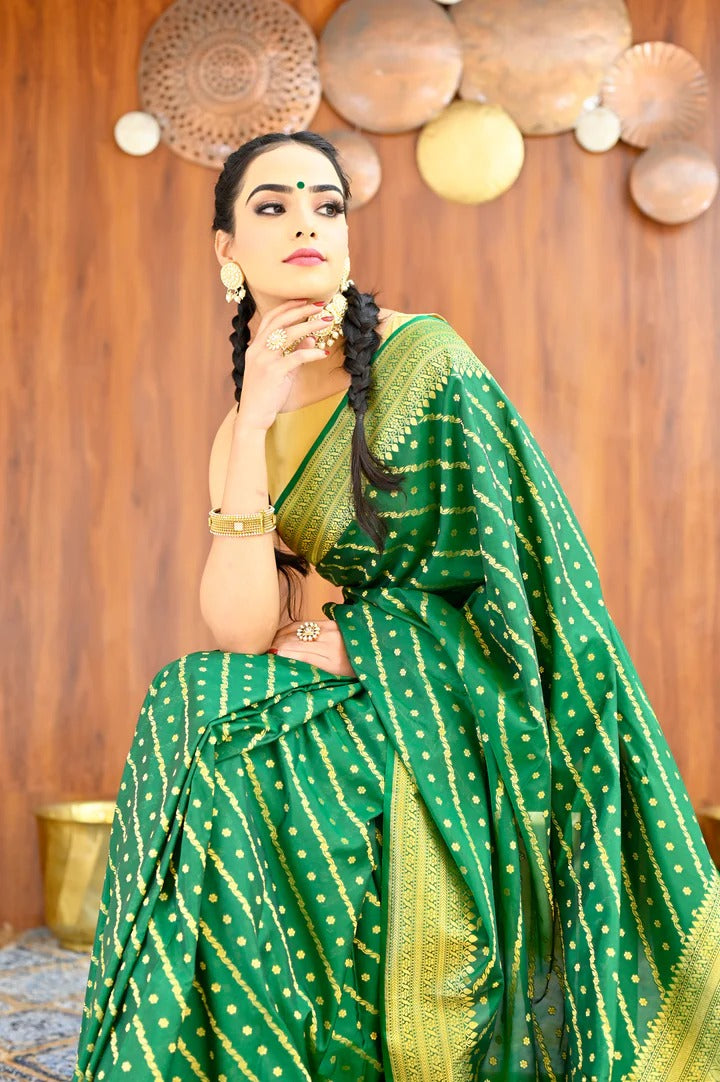 Party Wear Green Color Banarasi Silk Saree with Golden Zari Border