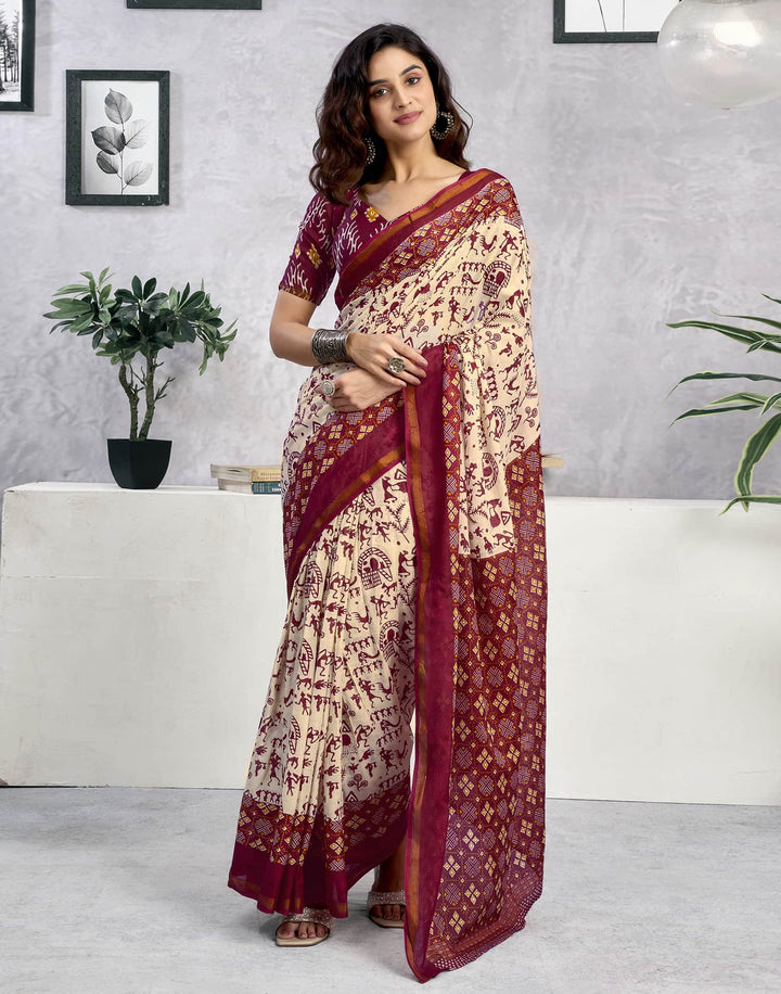 Party Wear Light Beige Color Cotton Printed Saree