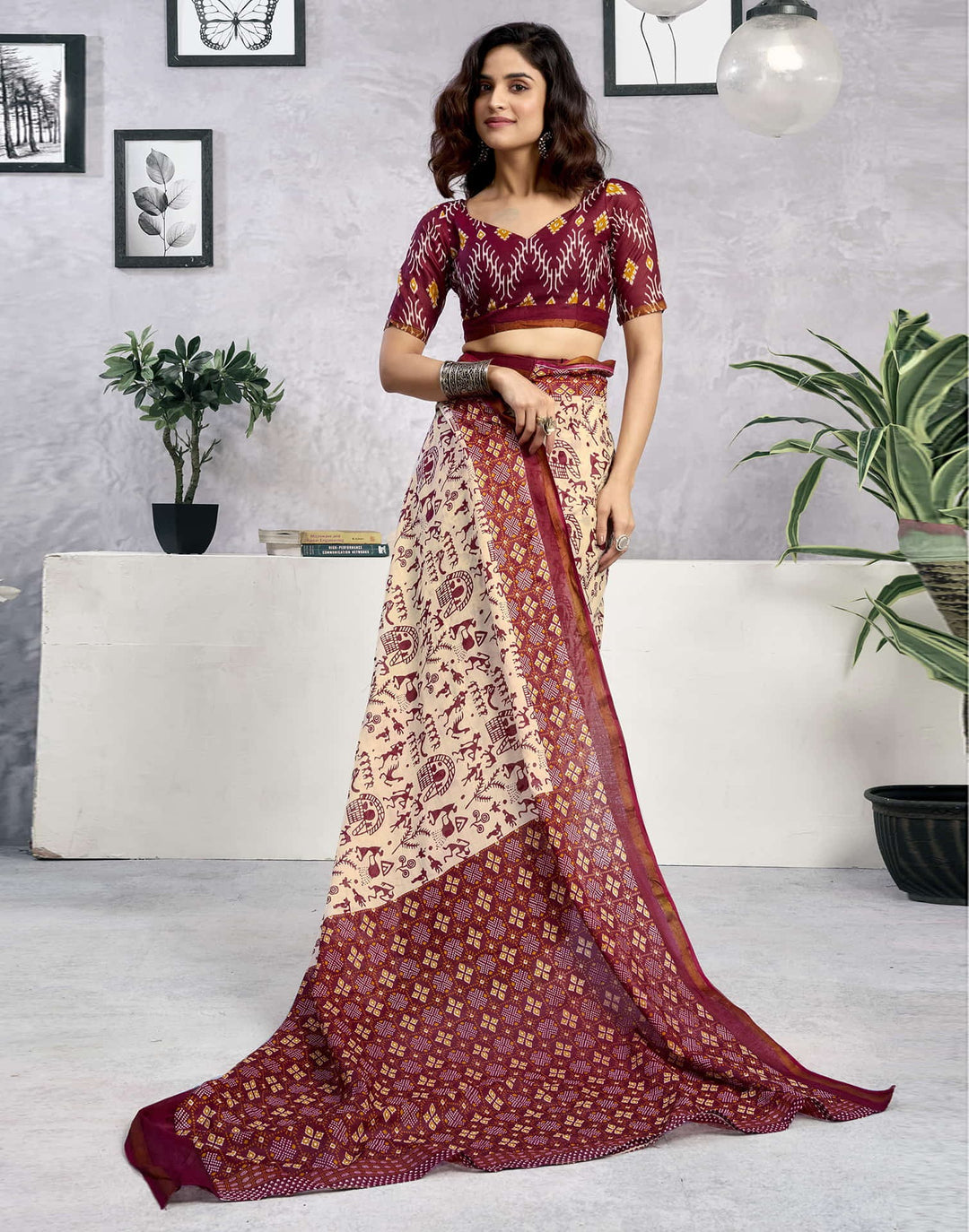 Party Wear Light Beige Color Cotton Printed Saree