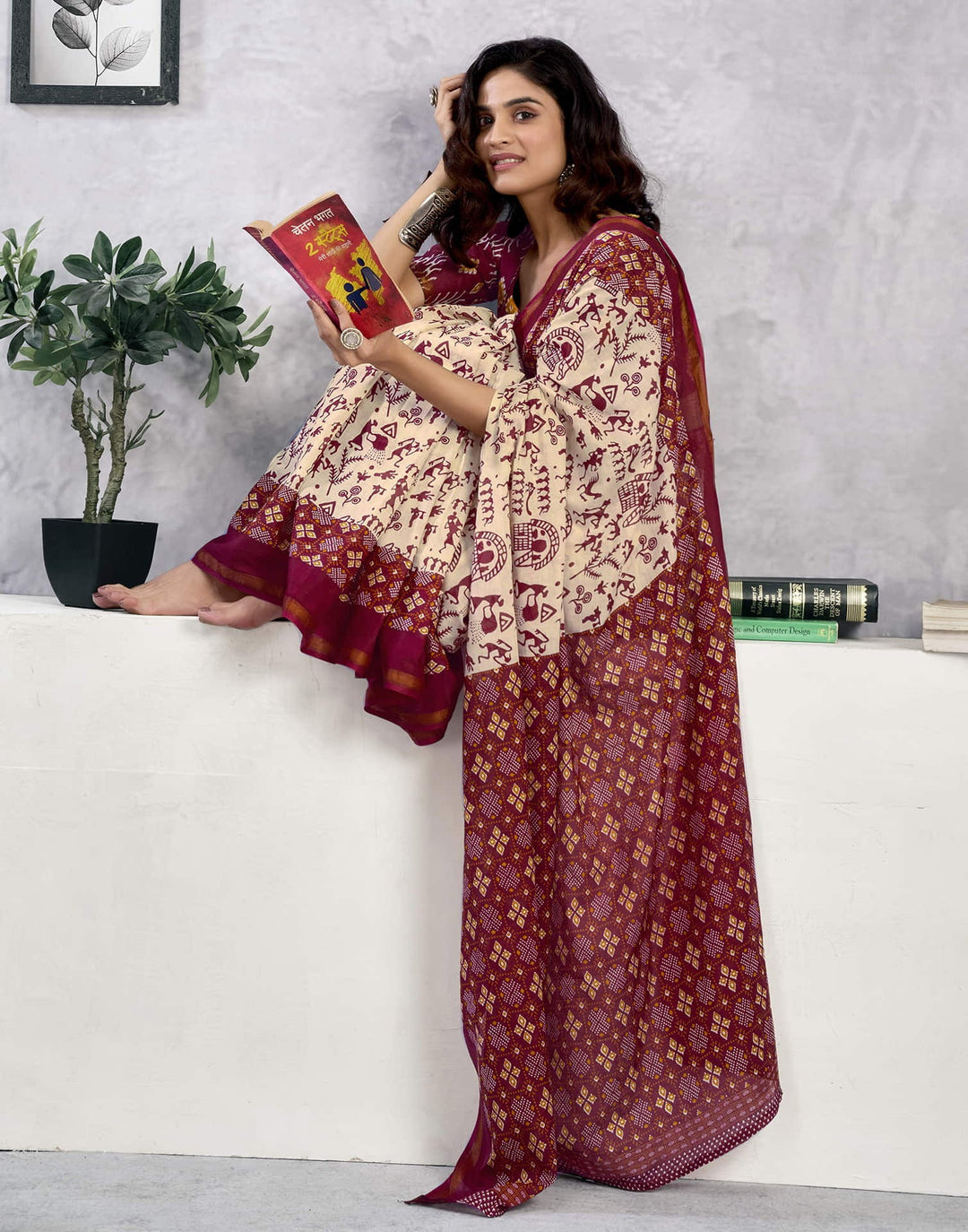 Party Wear Light Beige Color Cotton Printed Saree