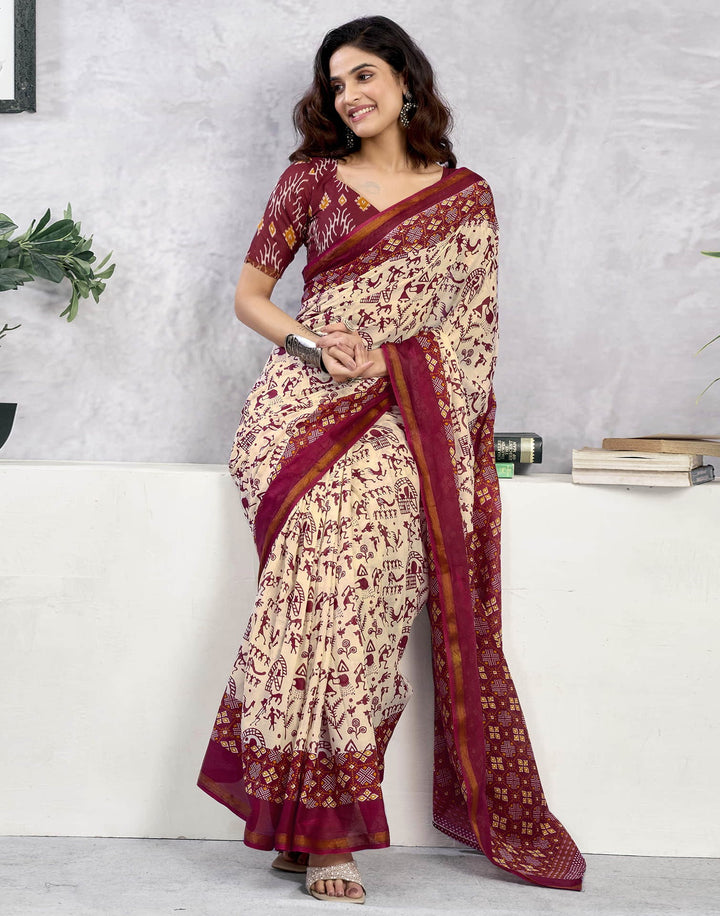 Party Wear Light Beige Color Cotton Printed Saree