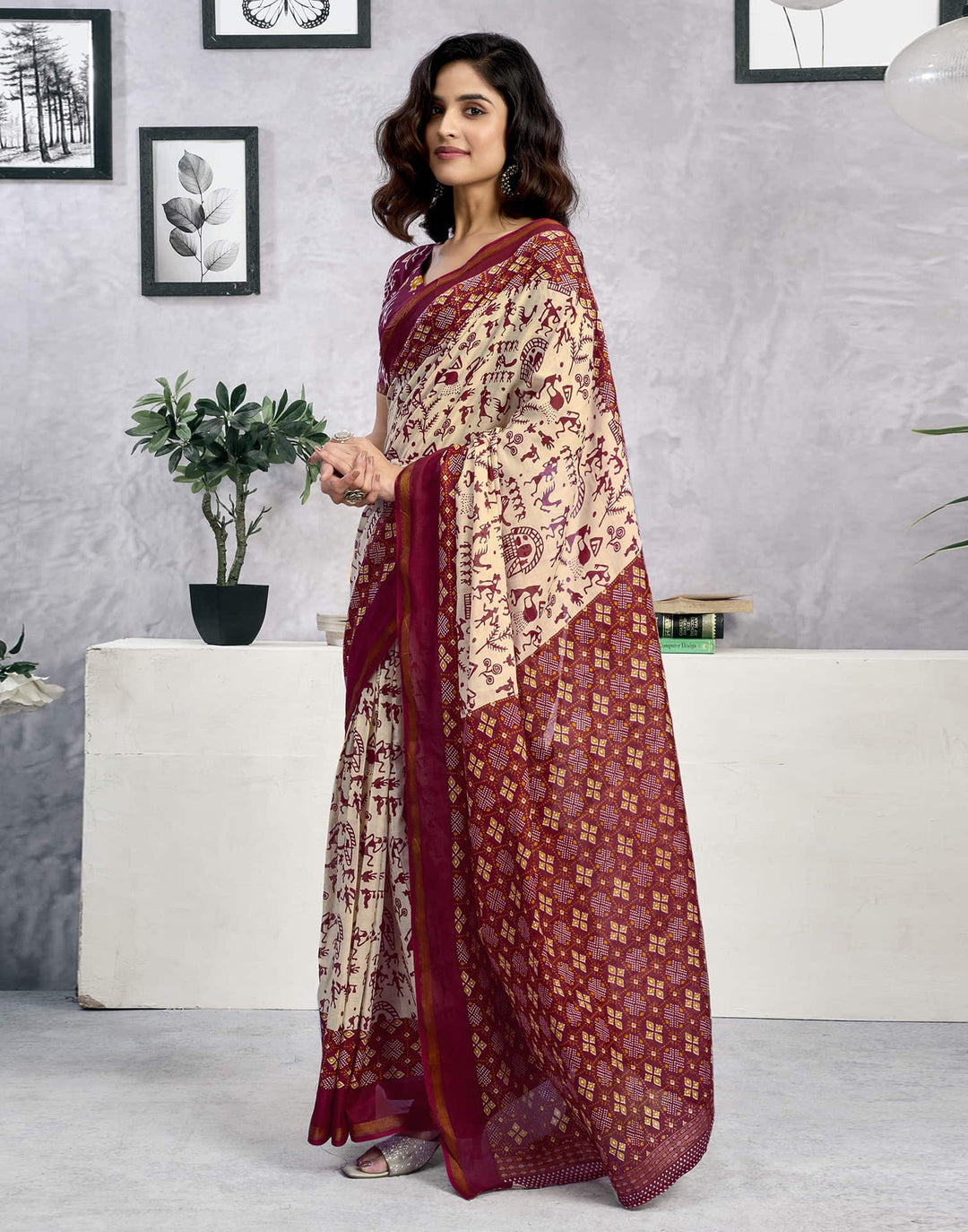 Party Wear Light Beige Color Cotton Printed Saree
