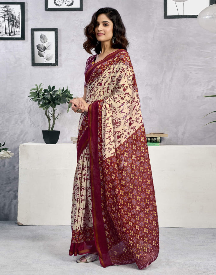 Party Wear Light Beige Color Cotton Printed Saree