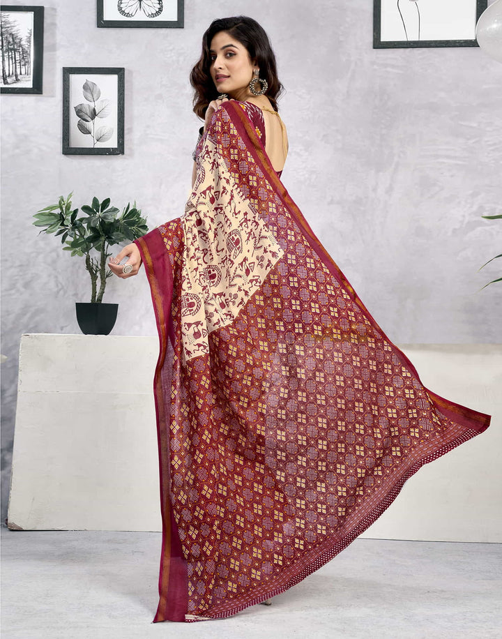 Party Wear Light Beige Color Cotton Printed Saree