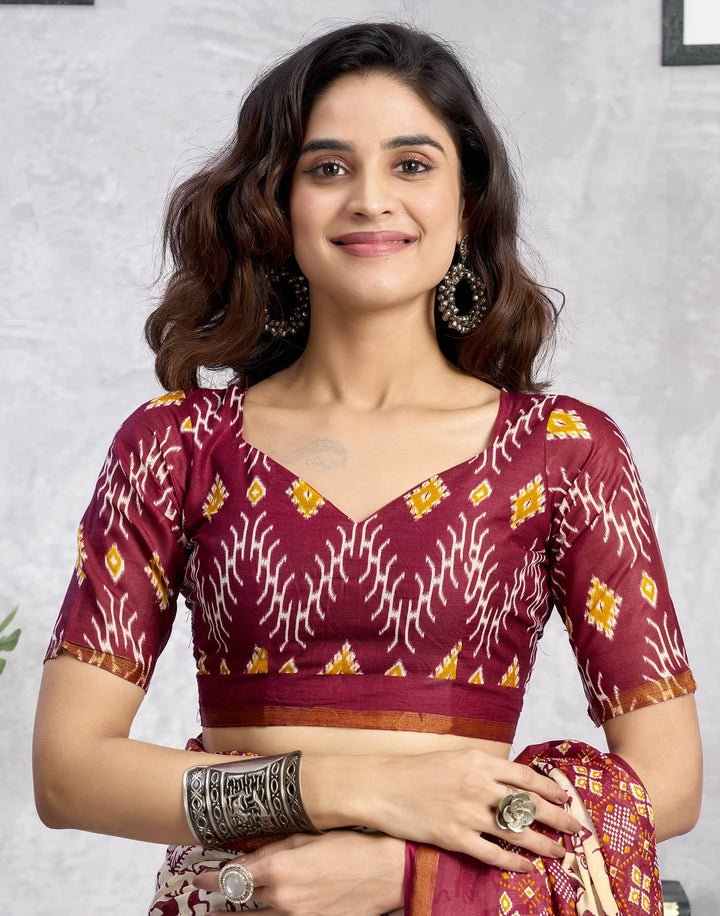 Party Wear Light Beige Color Cotton Printed Saree
