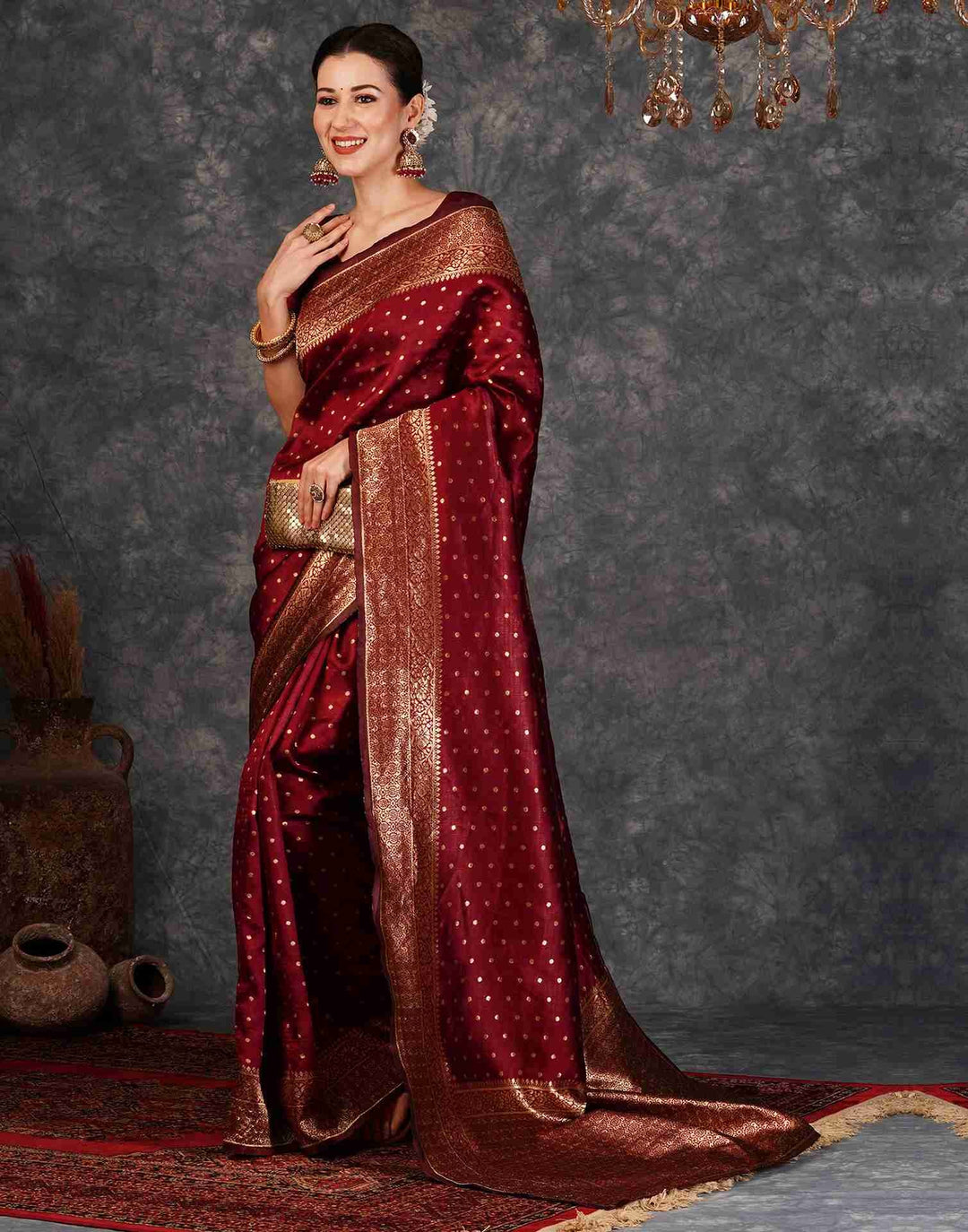 Party Wear Maroon Color Woven Banarasi Saree