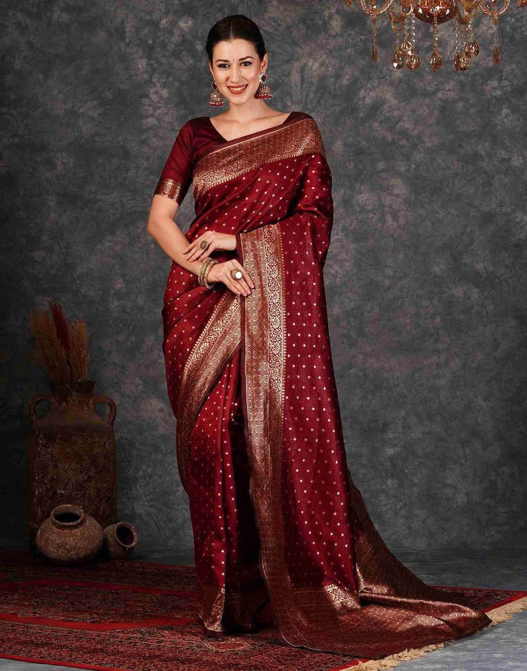 Party Wear Maroon Color Woven Banarasi Saree