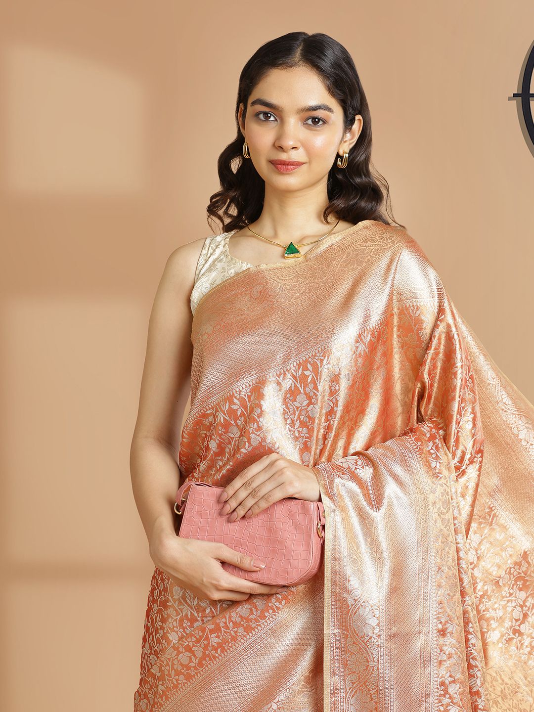 Party Wear Metalic Rust Color With Golden Tissue Silk Saree